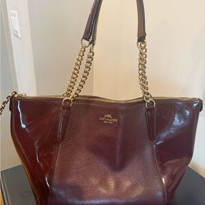 Coach Burgundy Leather & Patent Tote – Gold Chain Handles